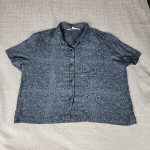Hippie Laundry Shirt Women's Size L Blue Button Front Short Sleeve Pocket Floral